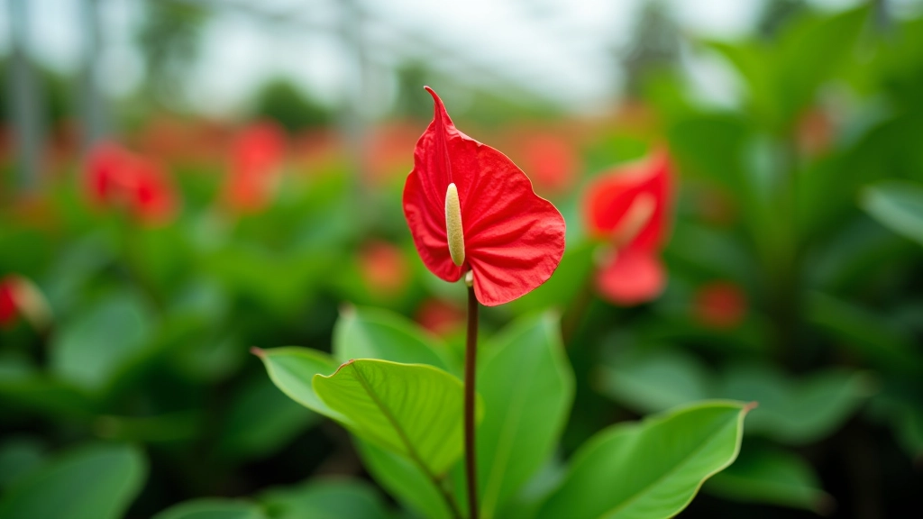 Flaming Anthurium augs ar sarkanajiem spīdīgajiem lapām un ziediem siltumnīcā, tropiskais stāvs