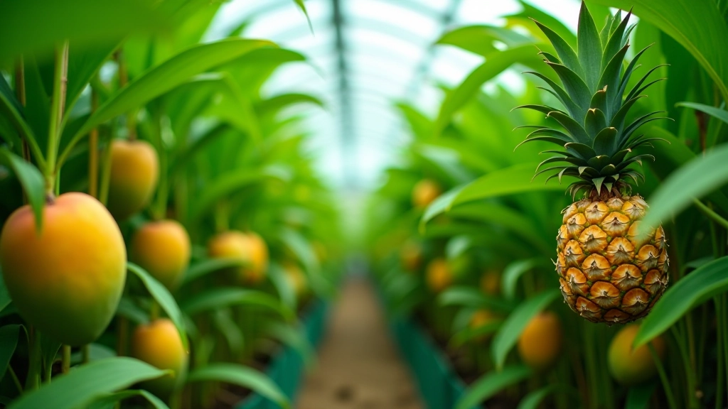 Tropiskie augļu stāvi siltumnīcā ar dāļiem mango un ananāsiem, spilgtās krāsas, iekštelpu siltumnīca